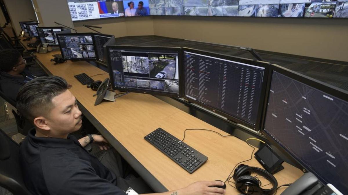Several views of New Orleans streets are seen on camera feeds being monitored at the newly opened Real Time Crime Monitoring Center in New Orleans on Tuesday, Nov. 21, 2017.