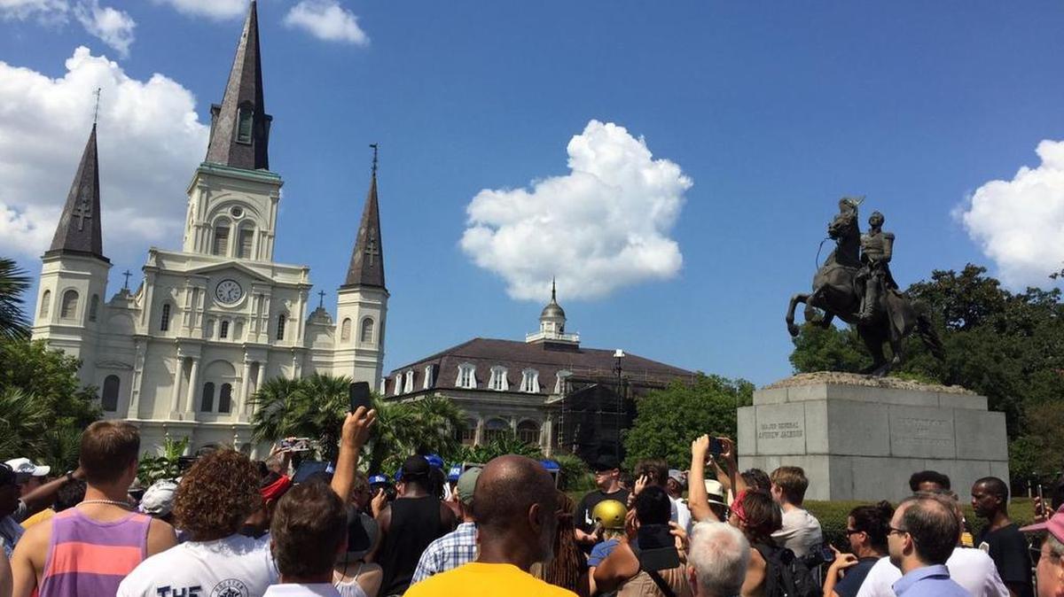 Hundreds of protesters call for the removal of Confederate statues in New Orleans on Saturday, Sept. 24, 2016.