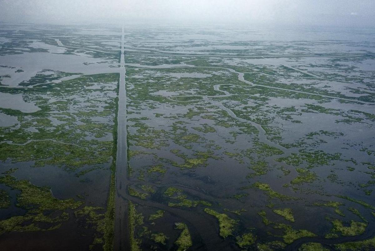 A gas transmission pipeline cuts the landscape in St. Bernard Parish, La., on July 21, 2018. Pipelines run from the Gulf to refineries in coastal Louisiana.