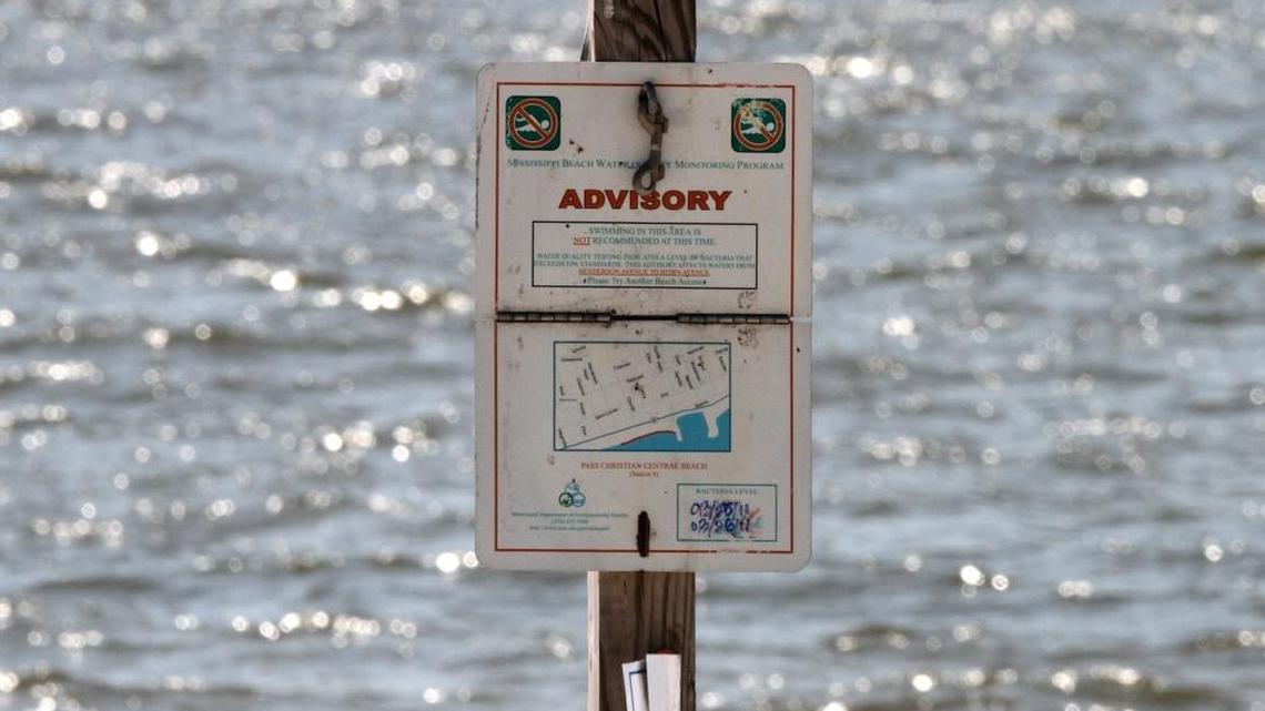 The Mississippi Department of Environmental Quality beach advisory sign is at the Pass Christian Central Beach reporting station in March 2011.
