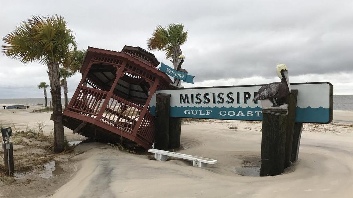 A beach pavilion sits askew on the beach in Gulfport on Sunday, Oct. 8, 2017, after Hurricane Nate hit the area. Experts say to brace for expected hurricane conditions this summer.