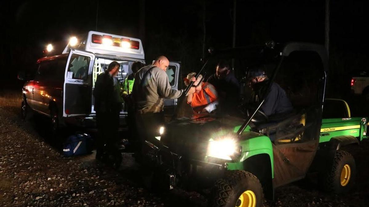 First responders from Harrison County, Saucier and Wiggins, along with the National Forest Service firefighters, rescue a hiker Saturday night who became lost in the De Soto National Forest.