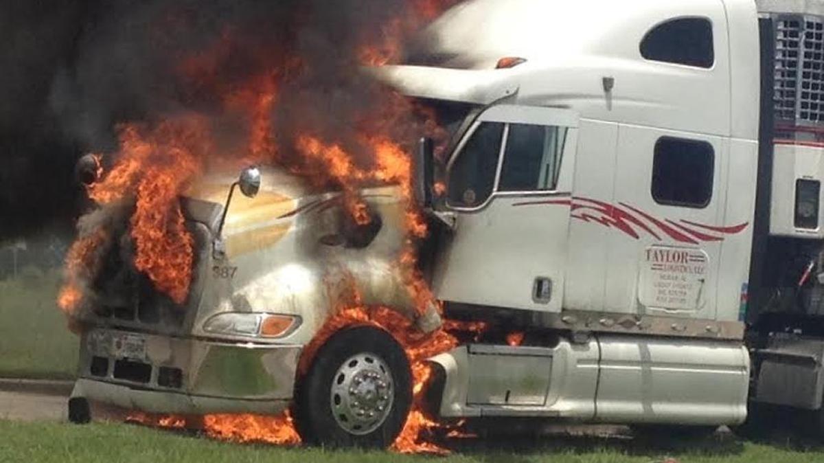 An 18-wheeler caught fire Monday as it was travelling south on U.S. 49. The driver pulled over at Mississippi 53.