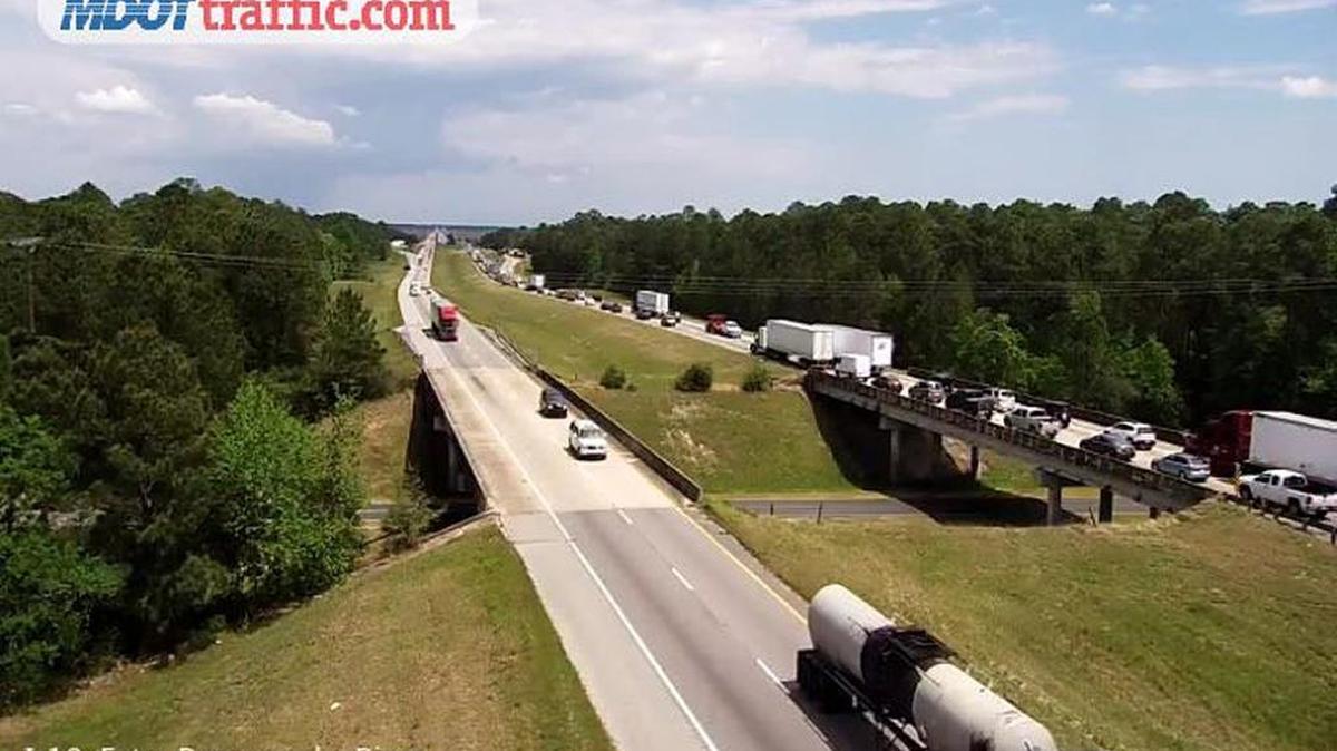 Traffic is backed up in the eastbound lanes of Interstate 10 on the Pascagoula River Bridge because of an accident reported by MDOT on Wednesday afternoon, April 12, 2017.