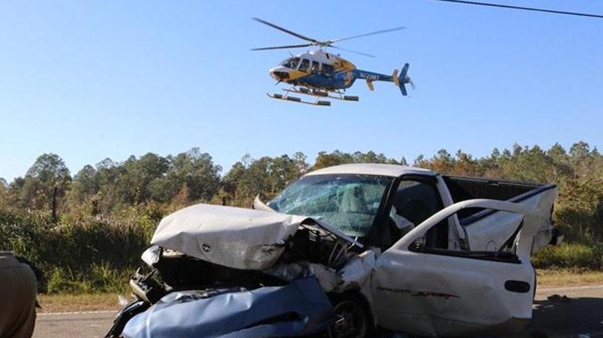 A medical helicopter flew the driver of this pickup truck to a trauma center at the University of South Alabama Medical Center in Mobile after a head-on collision Saturday afternoon on Vidalia Road
