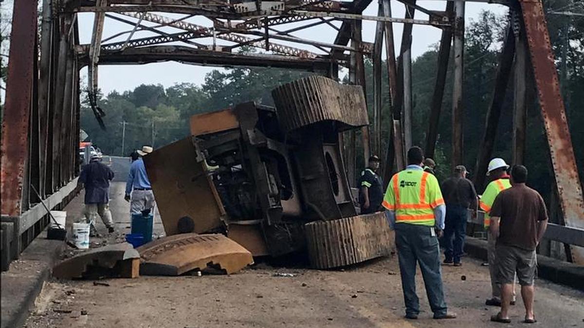 This bridge, damaged by a piece of heavy equipment, will be closed until the bridge can be rebuilt. The Red Creek Bridge is on Mississippi 57 in Jackson County near the George County line.