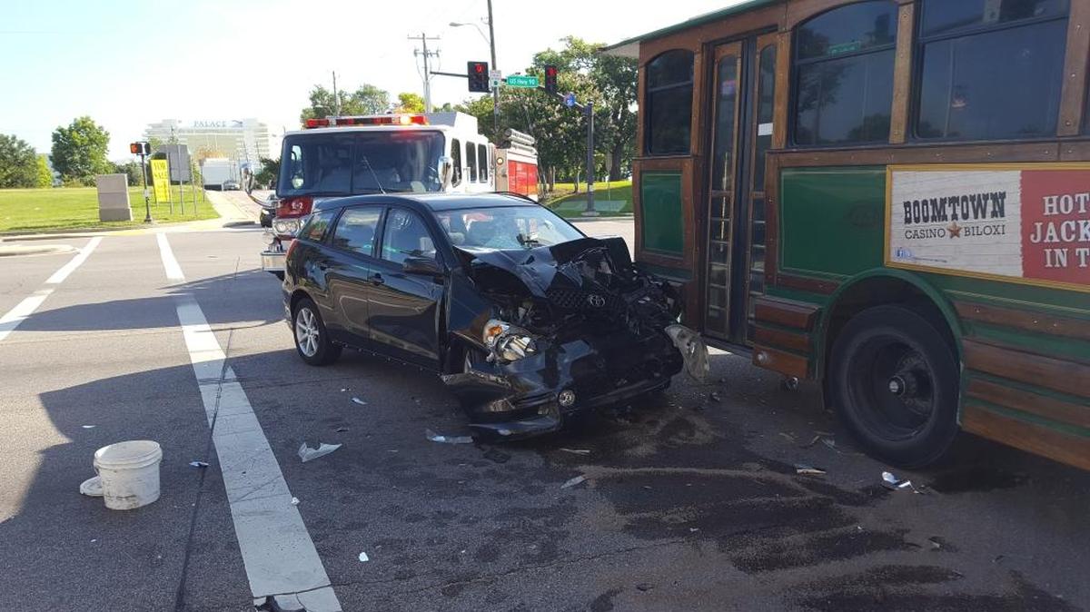 An SUV and trolley collide near the Golden Nugget in Biloxi on Wednesday. The U.S. 90 crash occurred just before 8 a.m.