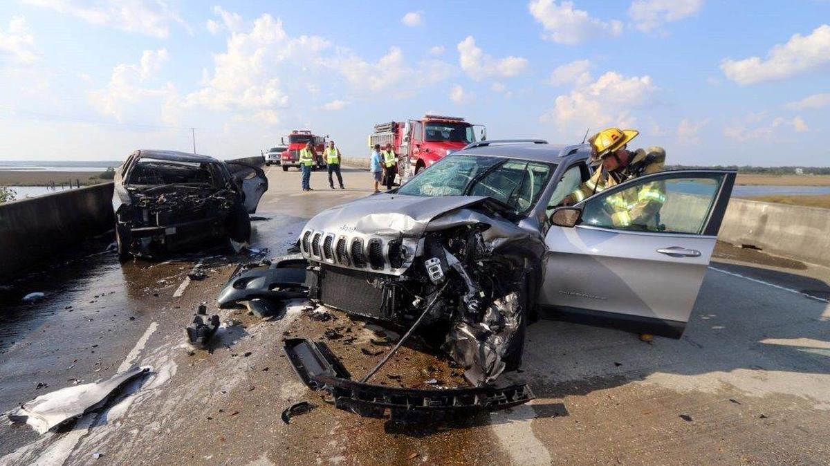 Two car head-on accident in which one car burst into flames. Both drivers escaped major injury. the driver of the car that burnt was taken to Mem. Hospital at Gulfport with non-life threatening injuries on Friday, Sept. 20, 2017.
