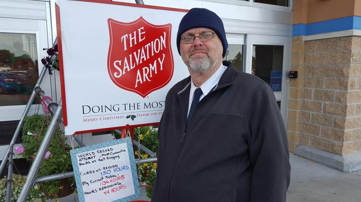 Jamie Richardson, 42, is a Salvation Army bell-ringer who is helping raise money for the needy this holiday season. In front of the Wal-Mart in Biloxi on Sunday, he broke the world record of 150 hours of ringing a bell.