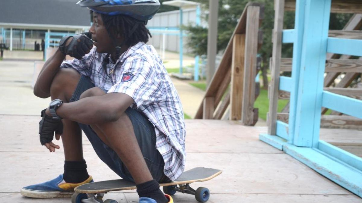 Jailan Williams, 12, of Ocean Springs, takes a break from skating at the Harrison County Skate Park on Sunday, August 25, 2013. The park was leased to a film studio a short time later.