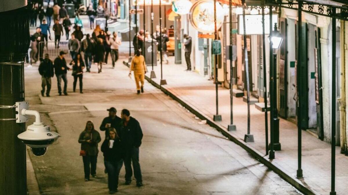 A New Orleans Police Department surveillance camera monitors foot traffic on Bourbon Street, Jan. 25, 2018. In a bid to stop violent crime, New Orleans may create an extensive realtime surveillance system, but some worry if the city can maintain its famously freewheeling culture on streets blanketed by 1,500 camera.