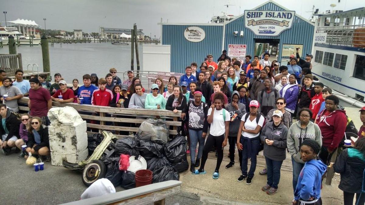 Students from Mississippi Gulf Coast Community College and Gulfport and Pascagoula high schools took part in the Marine Debris Program presented by Ship Island Excursions and NOAA in 2016. The students learned about the problems with marine debris then went to Ship Island to remove trash and leave the Gulf of Mexico cleaner.