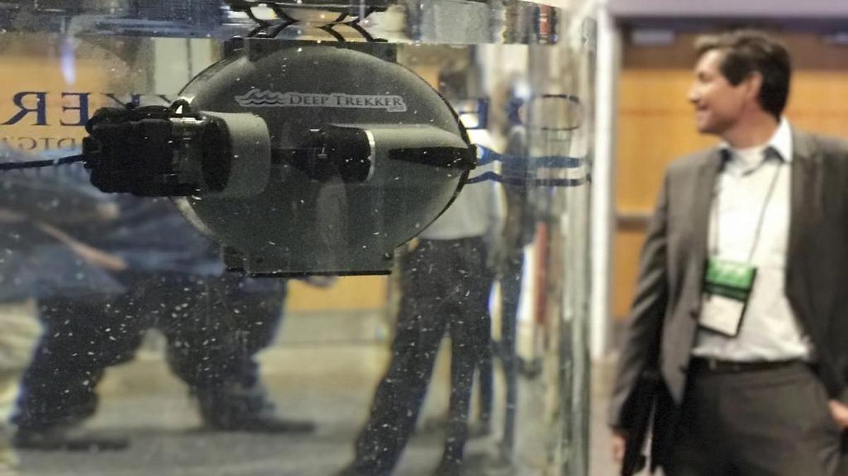 An underwater drone hovers in a tank at the Special Operations Forces Industry Conference in Tampa, Fla, earlier this month. The conference for military special operations forces featured gadgets, weapons and tools.