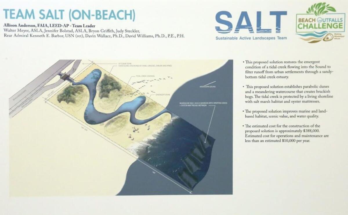 The presentation board of Team SALT, one of three Beach Outfalls Challenge Showcase winners presented at the University of Southern Mississippi campus in Long Beach on Wednesday.