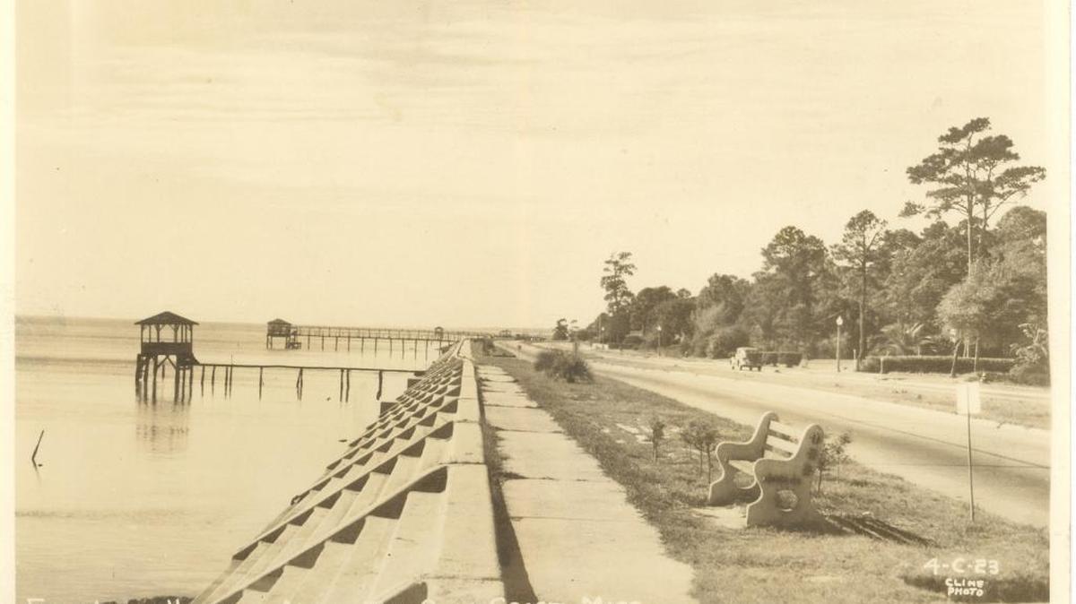 The land alongside a seven-step protection seawall completed in the late 1920s eventually became this four-lane road. Seawalls were constructed in all three Coast counties. Today, many of the steps are covered by sand or a topped by a boardwalk.