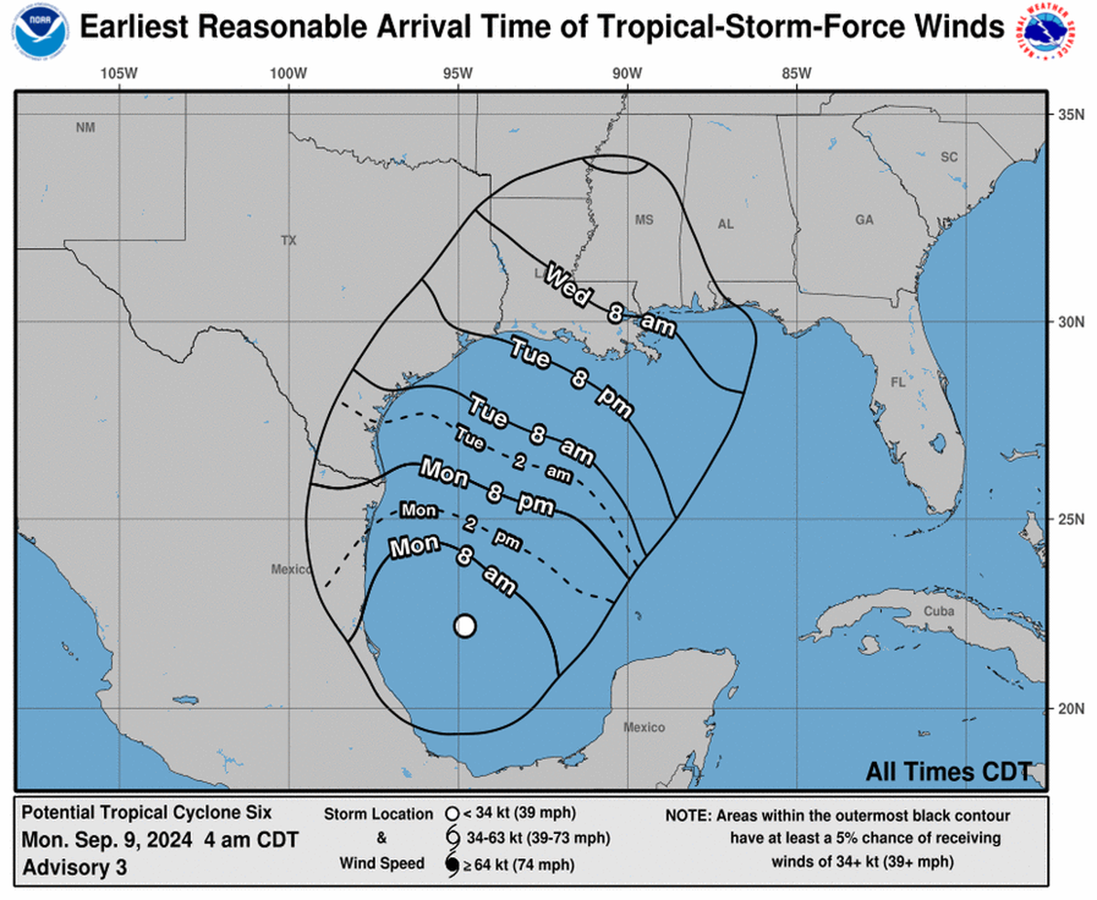 Tropical Storm Francine is expected to bring hurricane-force winds to the U.S. Gulf Coast by mid-week, according to the National Hurricane Center.