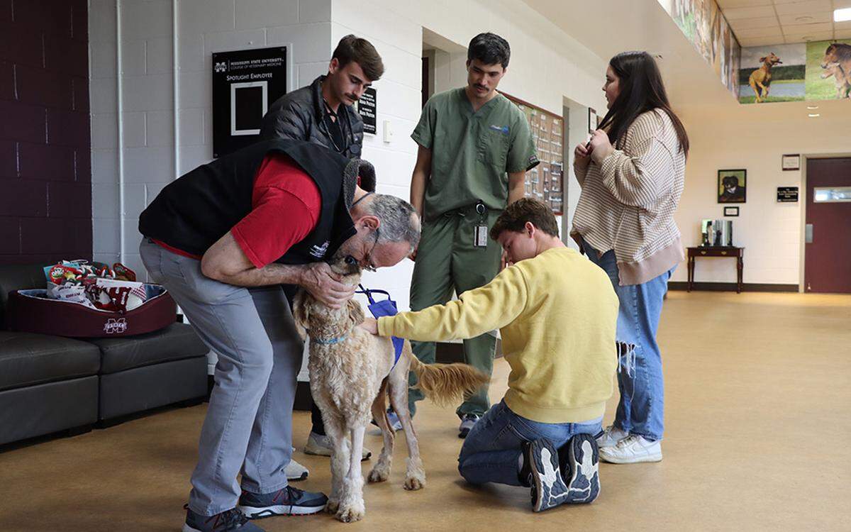 Dylan McCay and Emily Roberts meet with the MSU veterinary team to pick up their 10-month-old goldendoodle, Maple, and take her home to Conway, Arkansas.
