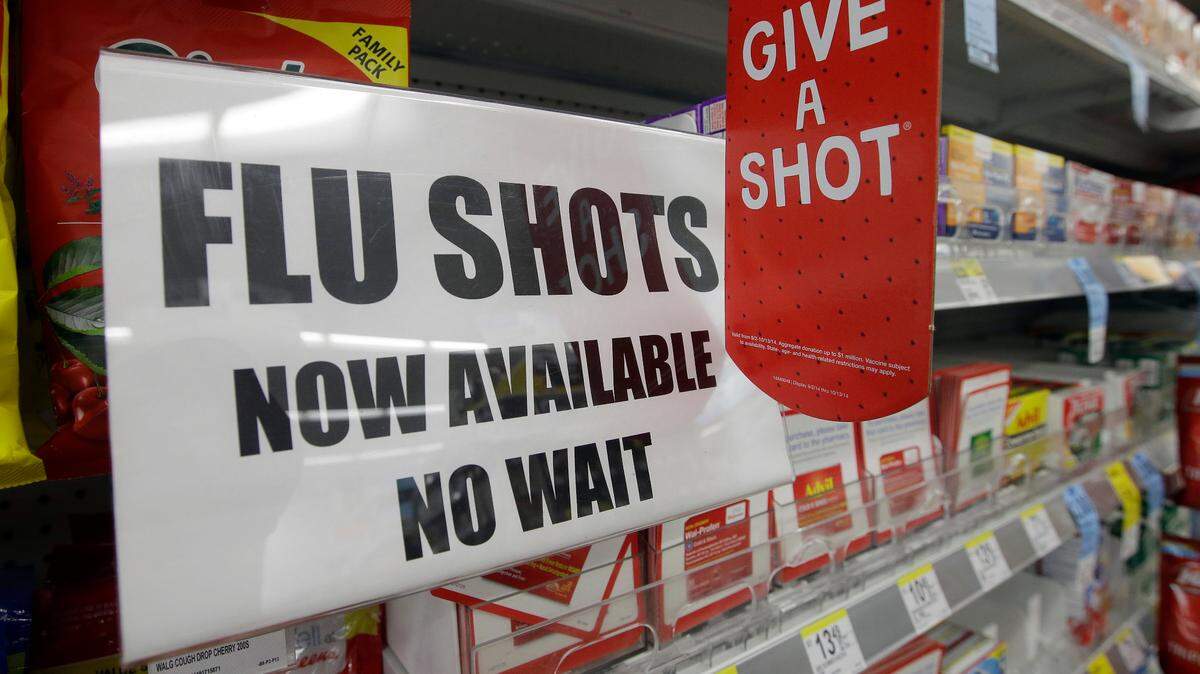 A sign telling customers that they can get a flu shot in a Walgreen store in Indianapolis. (AP Photo/Darron Cummings)