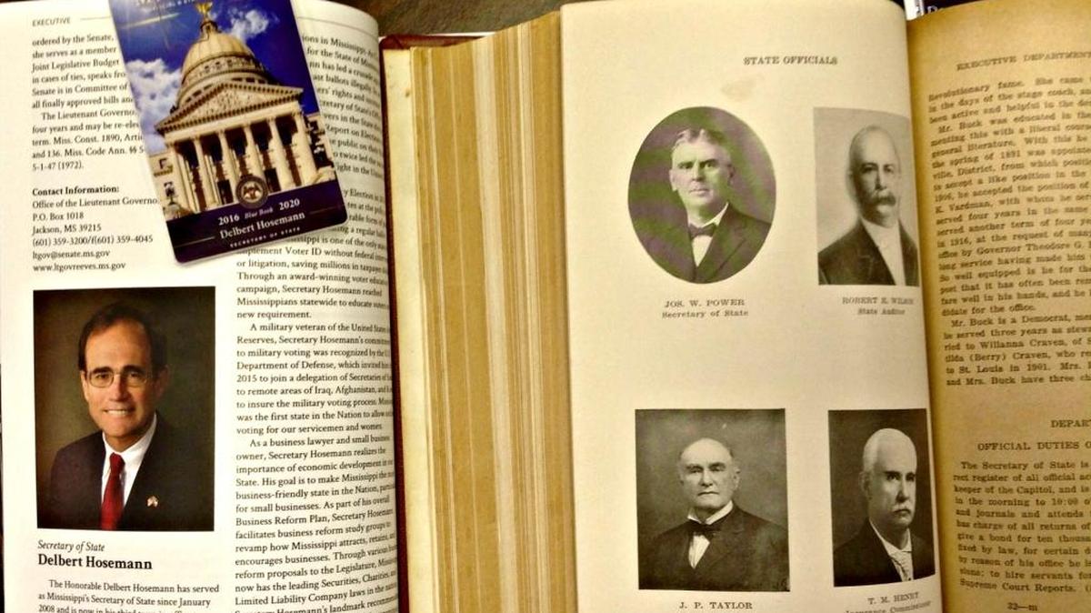 At right is the centennial Blue Book for Mississippi in 1917, when Joseph Power was Secretary of State. The newly-released bicentennial edition from Secretary of State Delbert Hosemann, left, is an 800-page book, or a thumb drive smaller than a credit card, top left.