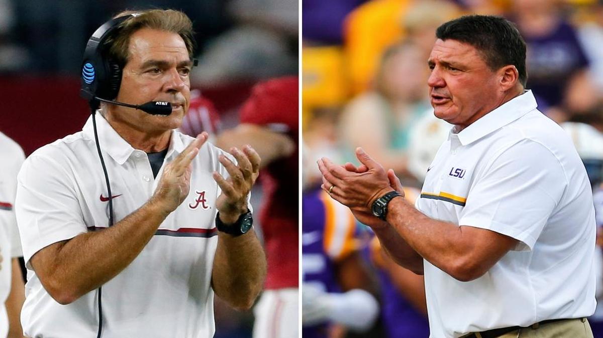 Alabama coach Nick Saban, left, will face LSU interim head coach Ed Orgeron when No. 15 LSU hosts No. 1 Alabama on Saturday.