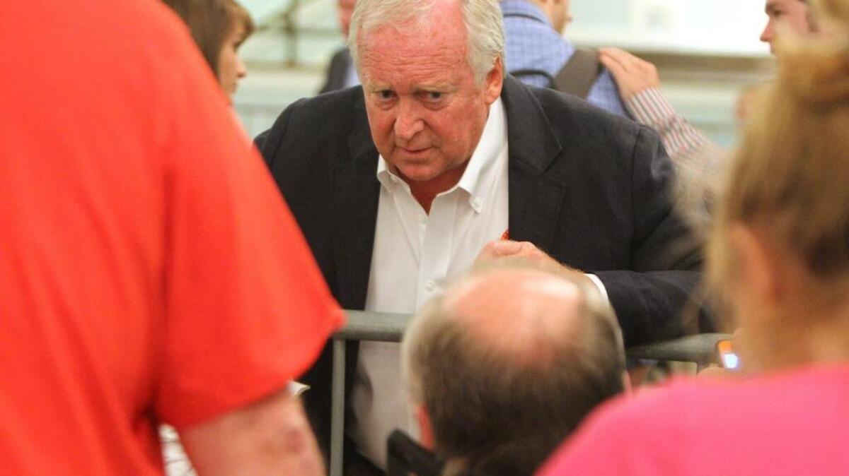 Bay St. Louis Mayor Les Fillingame talks to former mayor Eddie Favre as they wait for election results at the Bay St. Louis Community Center on Tuesday, May 2, 2017.