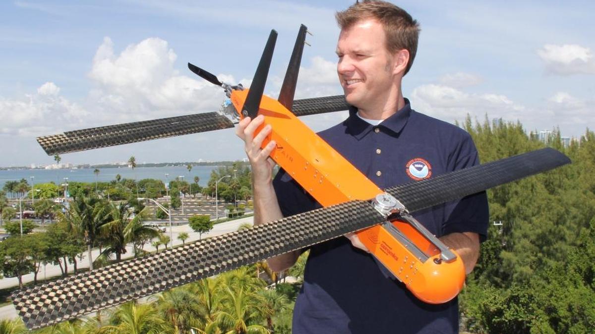 NOAA scientist Paul Reasor demonstrates a small unmanned aircraft, called a Coyote, that will be used to gather weather data inside hurricanes. Proposed budget cuts to the National Oceanic and Atmospheric Administration could hurt several programs at Stennis Space Center and throughout the state.