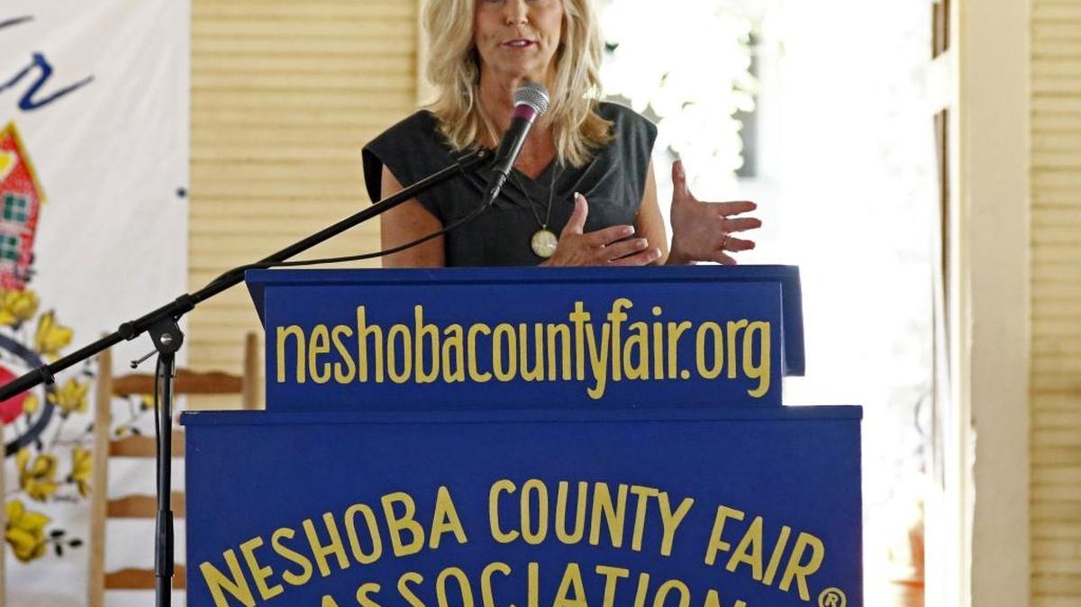 State Treasurer Lynn Fitch speaks about the positive nature of economic education for public school children during her address at the Neshoba County Fair in Philadelphia, Miss., Thursday. She’s also a big supporter of Ready to Run, an outreach program for women in politics.