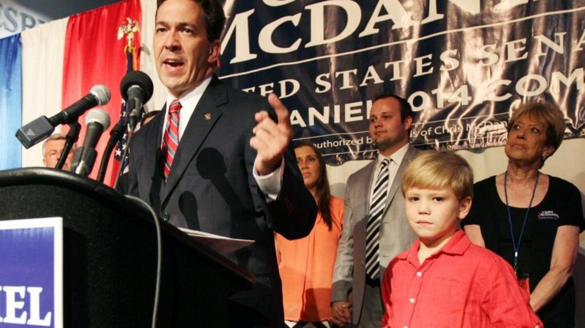 Chris McDaniel addresses his supporters after falling behind in a heated GOP primary runoff election against incumbent U.S. Sen. Thad Cochran on June 24, 2014.