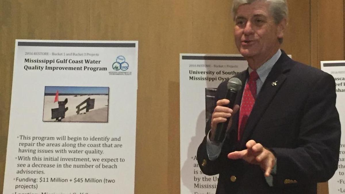 Gov. Phil Bryant talks about the $114 million worth of project in the second round of RESTORE Act funding to repair damage caused by the BP oil disaster.