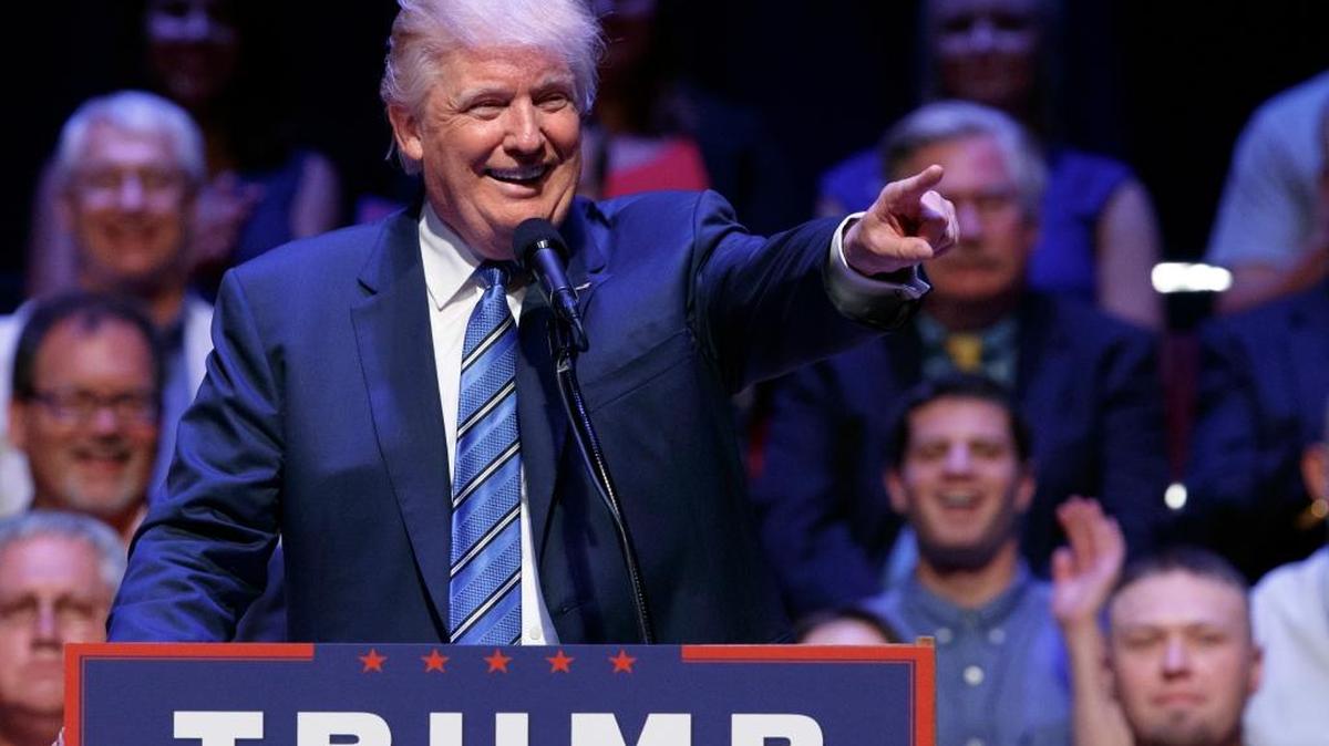 Republican presidential candidate Donald Trump speaks during a campaign rally at Merrill Auditorium on Thursday in Portland, Maine.