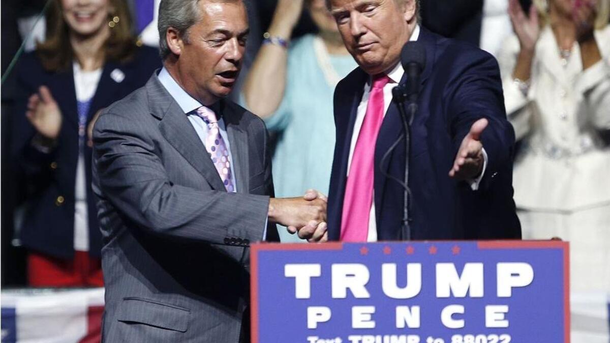 Donald Trump welcomes pro-Brexit British politician Nigel Farage to speak at a campaign rally in Jackson in August.