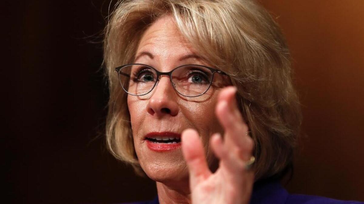 In this Jan. 17, 2017 file photo, Education Secretary-designate Betsy DeVos testifies on Capitol Hill in Washington at her confirmation hearing before the Senate Health, Education, Labor and Pensions Committee. The Senate was poised on Tuesday, Feb. 7, 2017, to confirm Devos by the narrowest possible margin, with Vice President Mike Pence expected to break a 50-50 tie, despite a last-ditch effort by Democrats to sink the nomination.