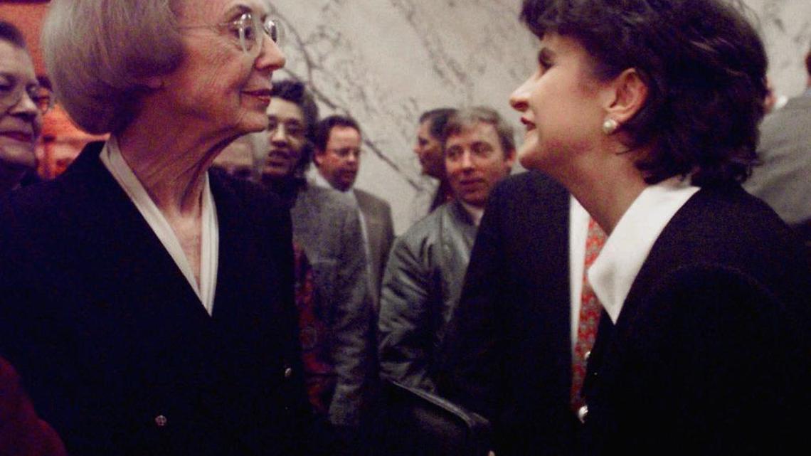 Former Lt. Gov. Evelyn Gandy, left, is greeted by then–Lt. Gov. Amy Tuck during a reception at the Capitol in Jackson in 2000.