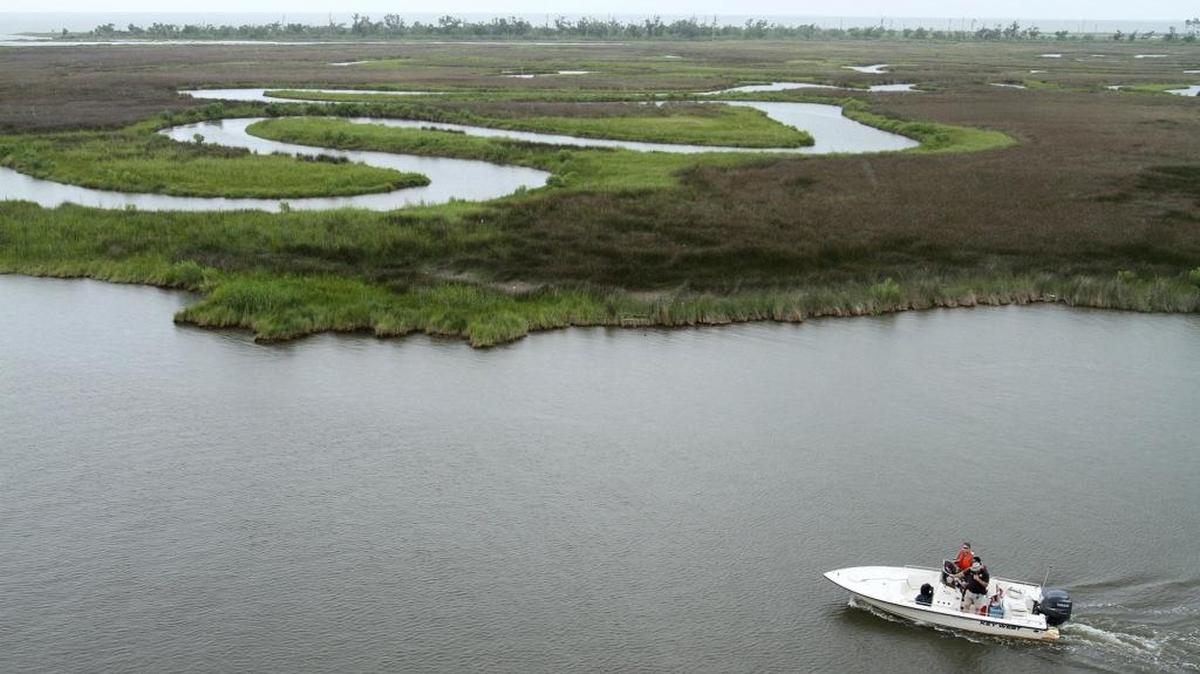 A boat motors down Bayou Caddy in Hancock County in June 2010 near the Hancock County Marsh Preserve where $50 million of coastal restoration money from the BP oil spill settlement will be spent on projects.