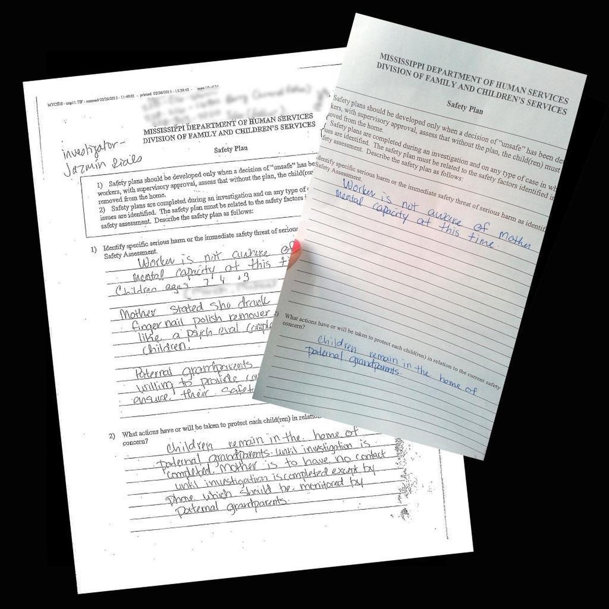 This illustration shows the differences between the original safety plan photographed by Marie Gill, right, and the one she picked up at the Mississippi Department of Human Services office several days later.