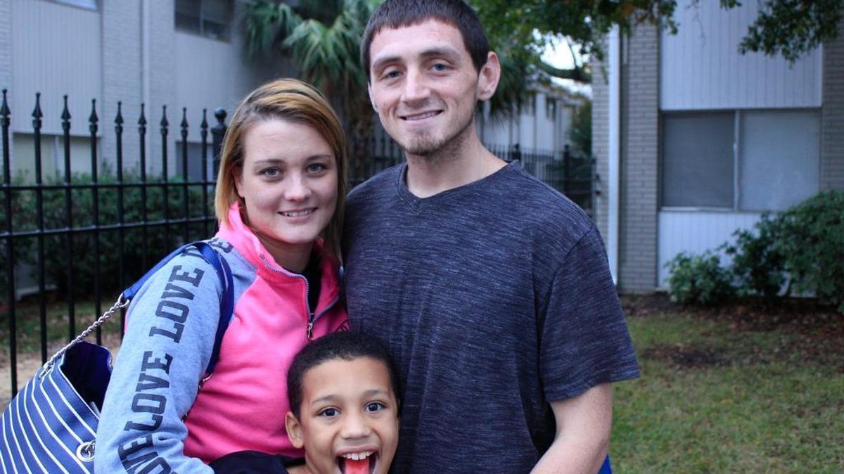 Matthew and Miranda Harrington with their 9-year-old son on Dec. 14.