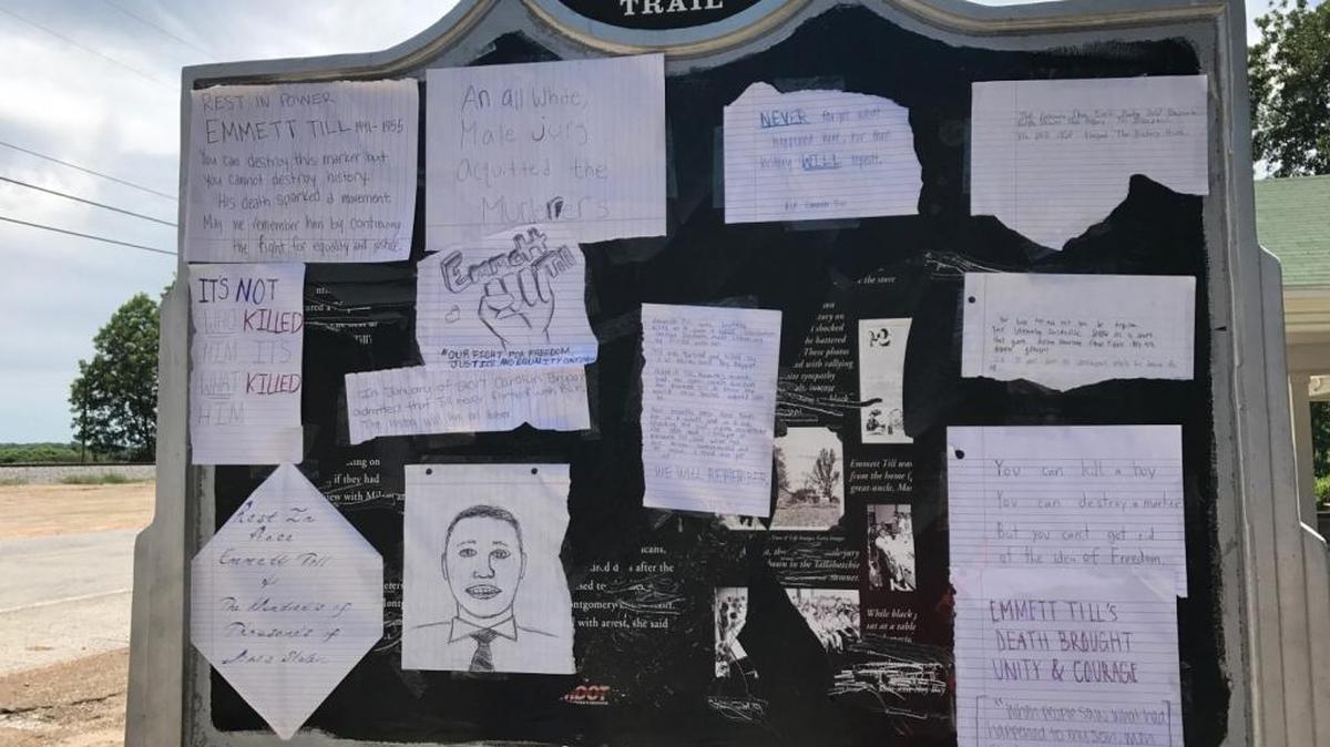 The students of the Cultural Leadership program "repaired" a damaged memorial to Emmett Till with notes and drawings.