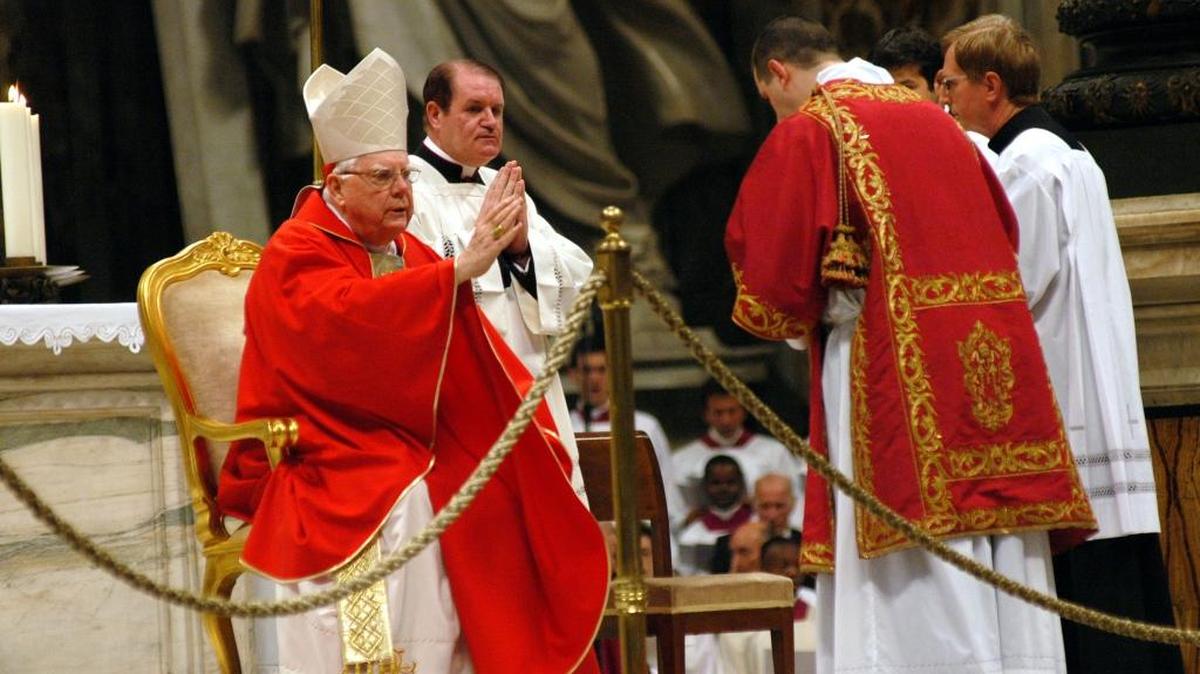 Cardinal Bernard Law at St. Peter’s Basilica in Vatican City, on April 11, 2005. Law, whose stature as archbishop of Boston and America’s senior Roman Catholic prelate was shattered in a maelstrom of scandal, acrimony and resignation in 2002 after it was revealed that he had protected abusive priests for years, died on Dec. 20, 2017, in Rome. He was 86.