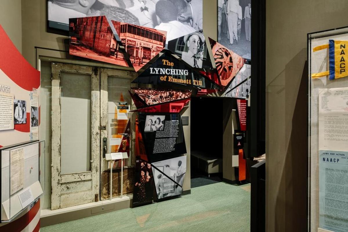 The original doors of the Bryant Grocery store where 14-year-old Emmett Till had his fateful encounter with the store owner’s wife that would ultimately lead to his brutal murder, at the Mississippi Civil Rights Museum in Jackson, Miss., Dec. 10, 2017. The museum, with its concentrated time frame — roughly 30 years between World War II and the mid-1970s — refuses to sugarcoat history.