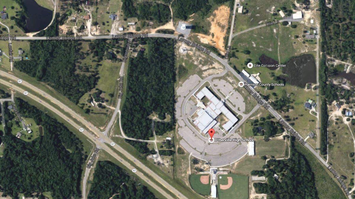 This aerial photo from Google Maps shows Lamey Bridge Road near D'Iberville High School, where a single vehicle collision claimed two lives on Sunday morning.