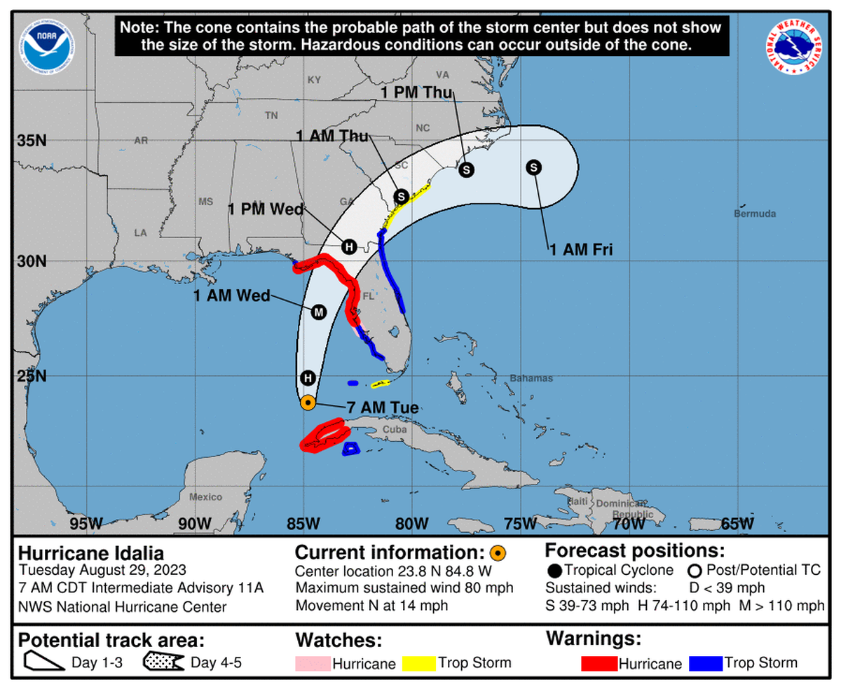 This graphic created by the National Weather Service/NCEP Weather Prediction Center (WPC) shows the projected path.NATIONAL HURRICANE CENTER