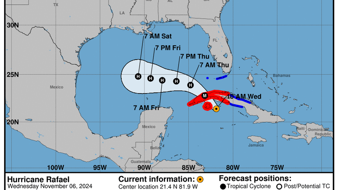 Latest update from the National Hurricane Center on Category 2 Hurricane Rafael for Wednesday, Nov 6
