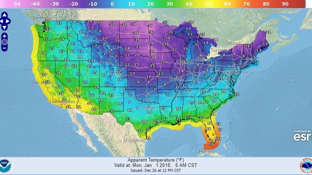 This National Weather Service forecast graphic shows cold temperatures plunging through the middle of the country on New Year’s Day. Some weather websites are predicting even colder weather, with temperatures below 30 on the Gulf Coast.