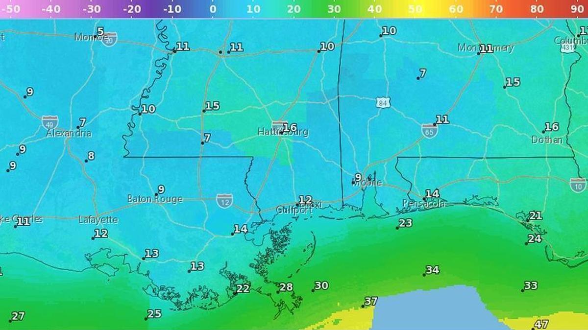 This National Weather Service forecast graphic shows the apparent temperature, or what it will actually feel like, at 6 a.m. Tuesday will be in the teens.