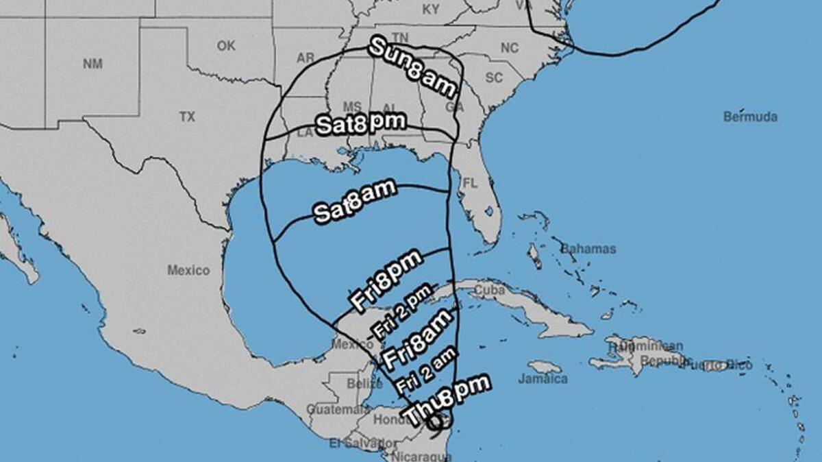 Timing of the arrival of tropical storm force winds, as of Thursday afternoon.