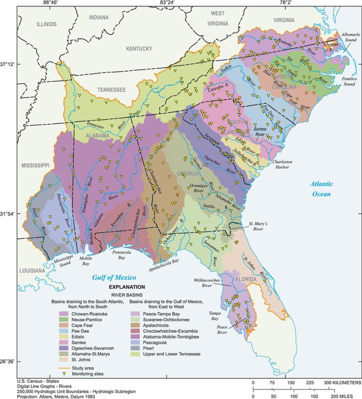 Graphic showing rivers in the Southeast that drain to the Gulf of Mexico and Atlantic Ocean.