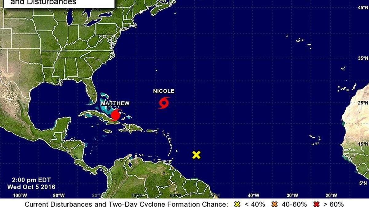 Location of Hurricane Matthew, Tropical Storm Nicole and a third area of tropical weather as of 1 p.m. Wednesday, Oct. 5, 2016.