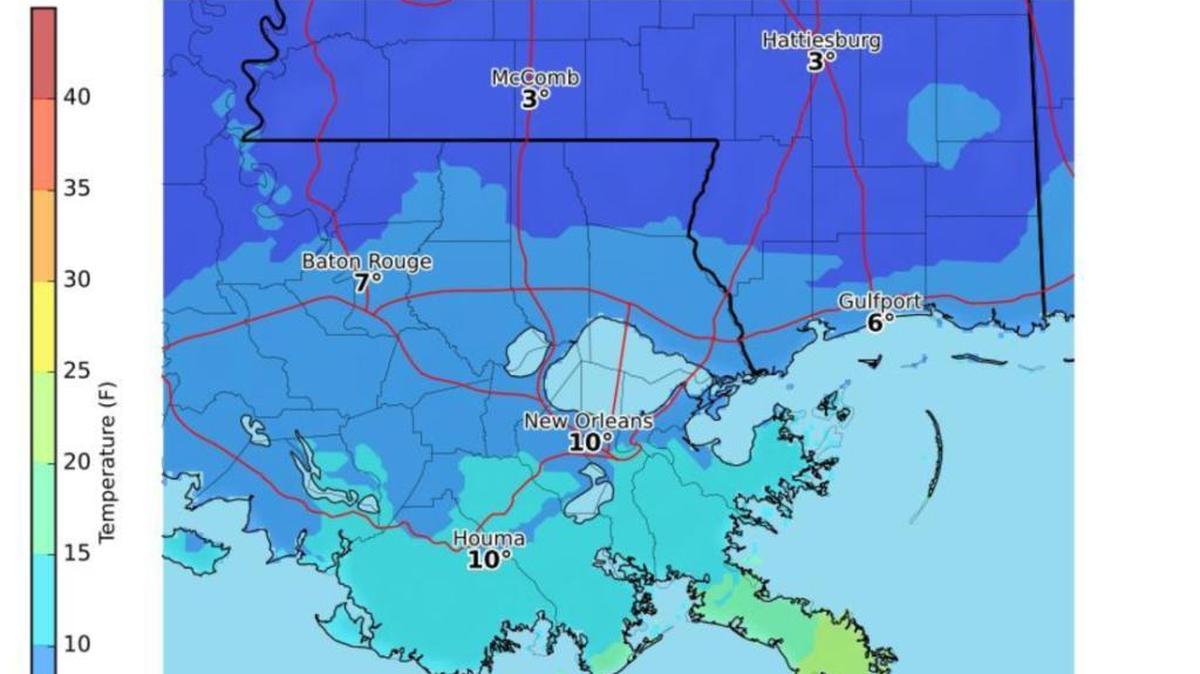 This graphic shows wind chill values at 6 degrees in Gulfport on Wednesday morning.