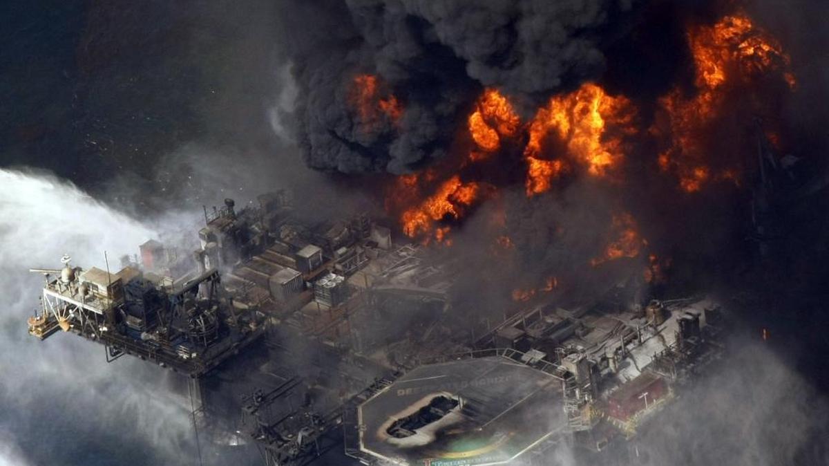 The Deepwater Horizon oil rig burns in the Gulf of Mexico southeast of the Coast in April 2010.