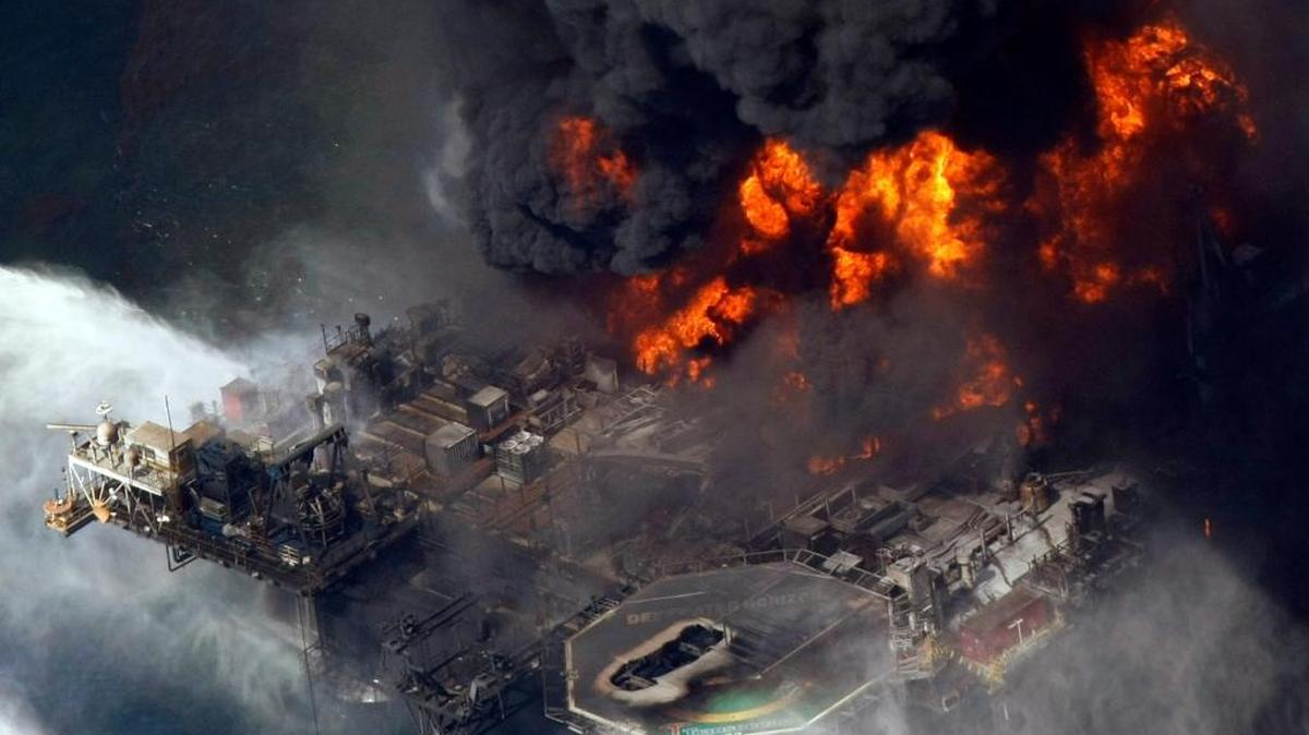 TDeepwater Horizon oil rig burns in the Gulf of Mexico south of the Mississippi Coast in 2010.